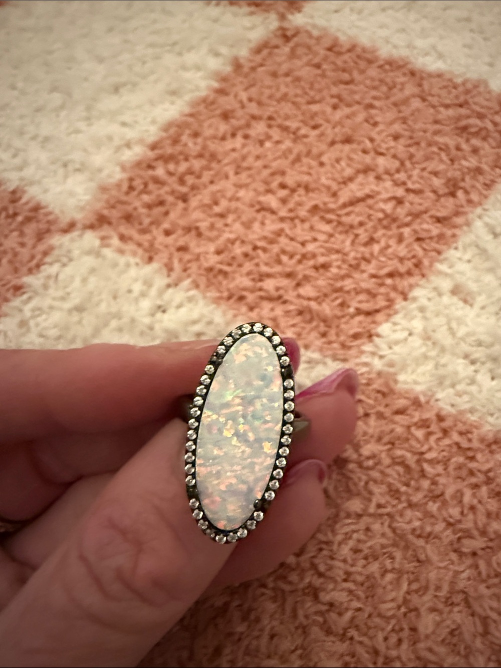 Oval White Opal-Style Halo Ring in Silver Tone